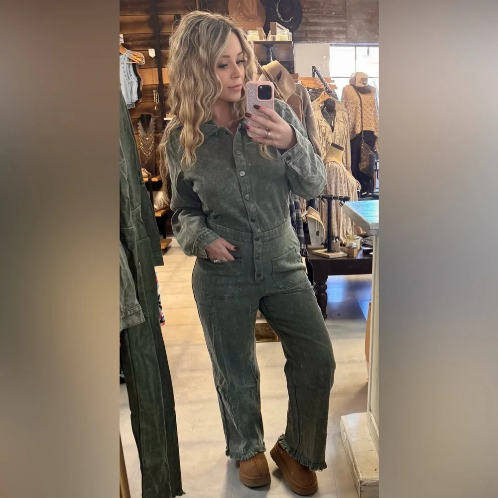 NWT UMGEE Washed Olive Denim Frayed Hem Button Down Utility Jumpsuit Coveralls - Picture 12 of 12